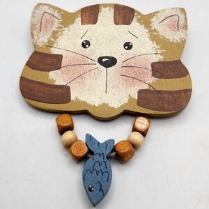 Vintage cat Fish pin brooch Hand painted wooden Handmade 2.5"